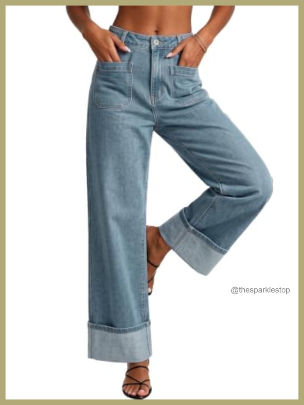 Wide Leg High Waisted Jeans Stretch Denim Cuffed Hem Loose Fit